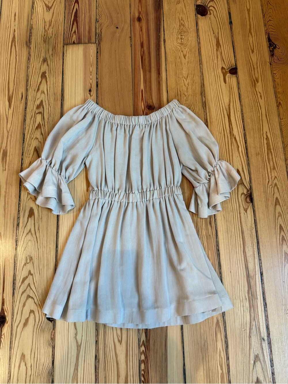 L'ATISTE Off-Shoulder Ruffle Sleeve Tunic Dress - Light Beige